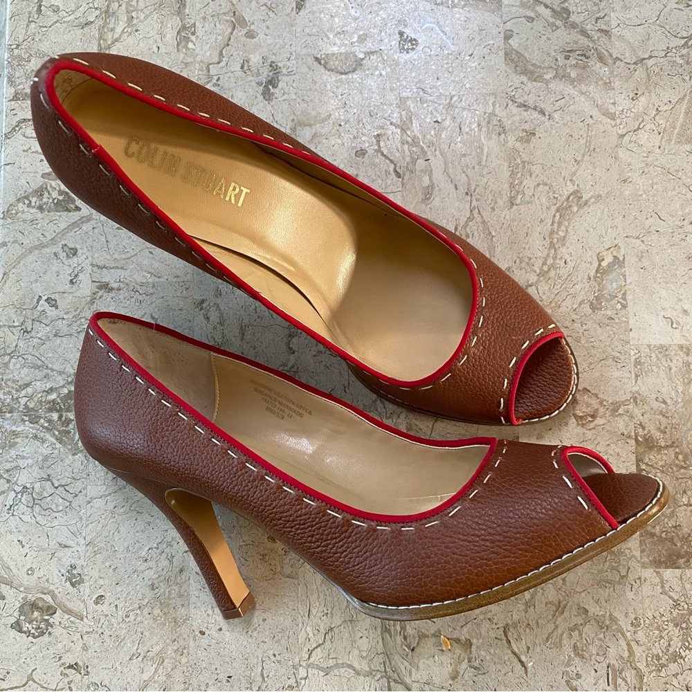 Brown Leather Elegant Pump Open Toe High Heel Vintage Size 11M